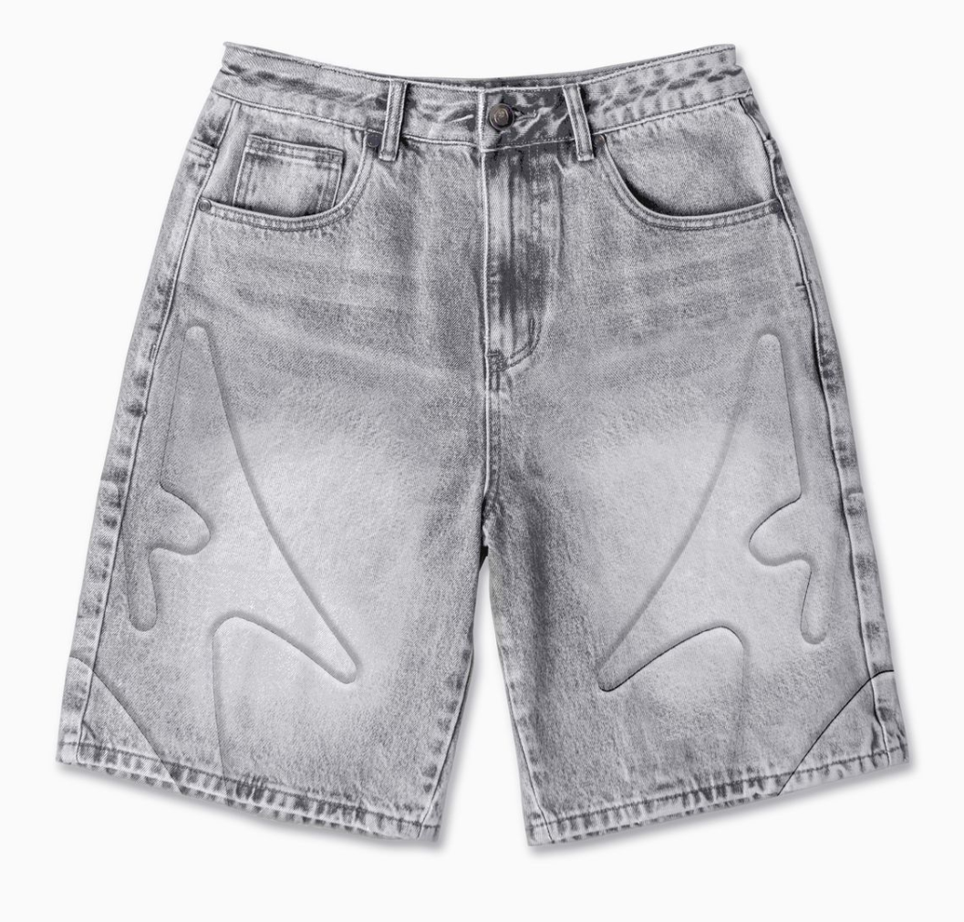 "SHOGUN" EMBOSSED DENIM SHORTS (GRAY WASH)