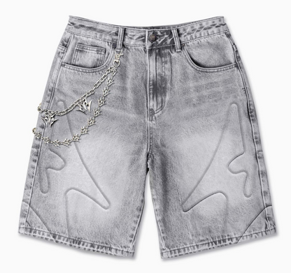 "SHOGUN" EMBOSSED DENIM SHORTS (GRAY WASH)