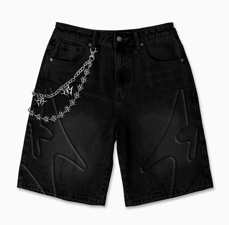 "SHOGUN" EMBOSSED DENIM SHORTS (BLACK)