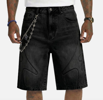 "SHOGUN" EMBOSSED DENIM SHORTS (BLACK)
