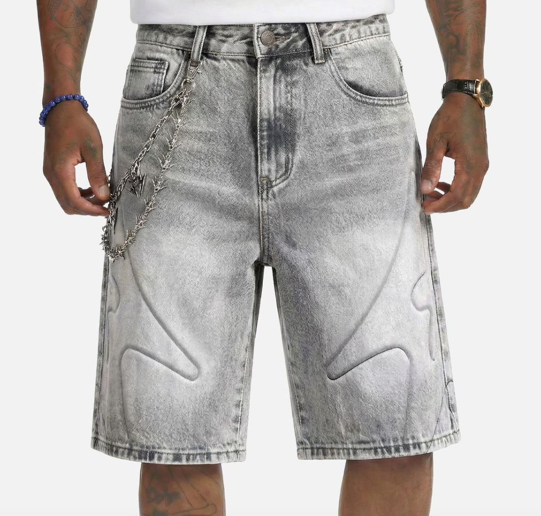 "SHOGUN" EMBOSSED DENIM SHORTS (GRAY WASH)