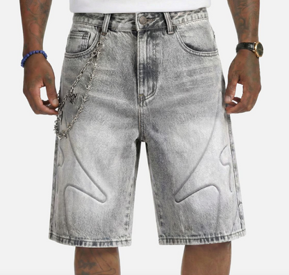 "SHOGUN" EMBOSSED DENIM SHORTS (GRAY WASH)