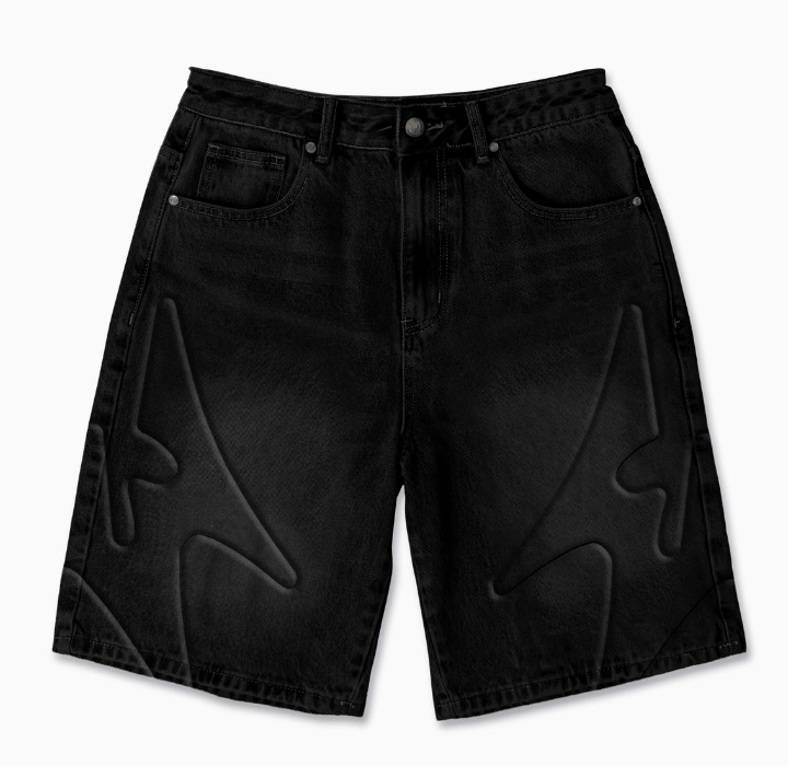 "SHOGUN" EMBOSSED DENIM SHORTS (BLACK)